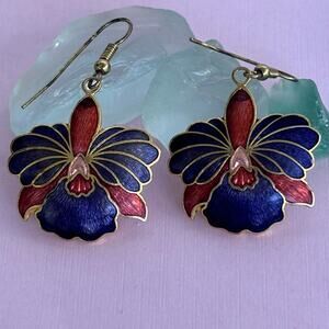 VINTAGE Cloisonné Enamel Floral Dangle Earrings